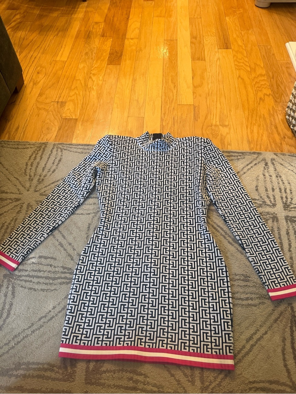 Balmain Patterned Navy and White Long Sleeve Dress with Pink Trim